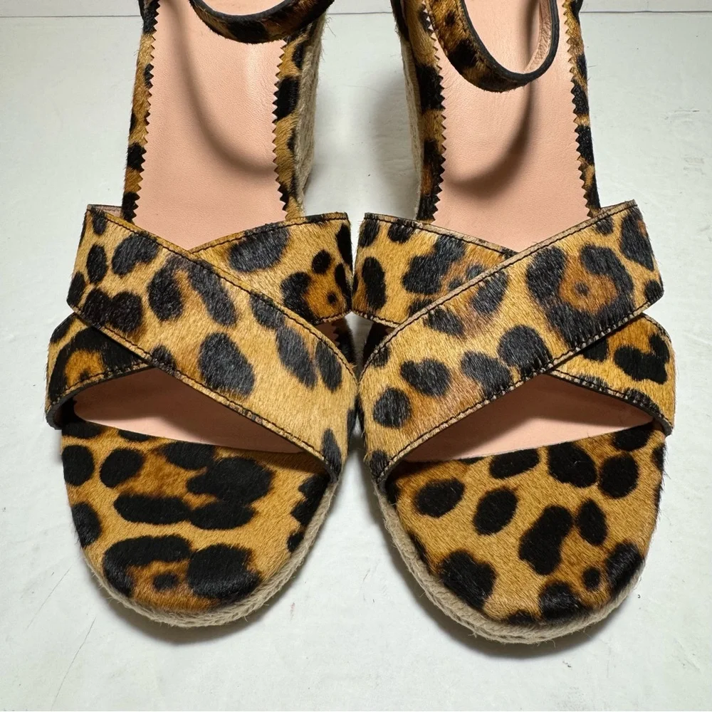 New J. CREW Leopard Print Calf Hair Tan Black Wedge Espadrille Sandals Size 9.5